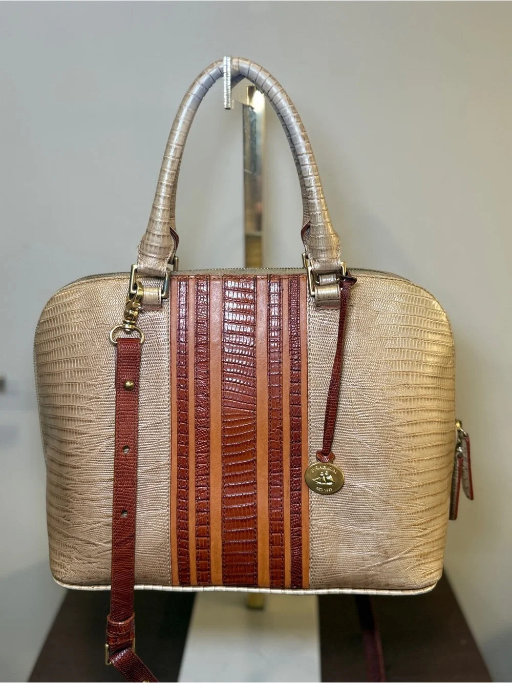 Brahmin Vivian Beige and Brown Textured Satchel